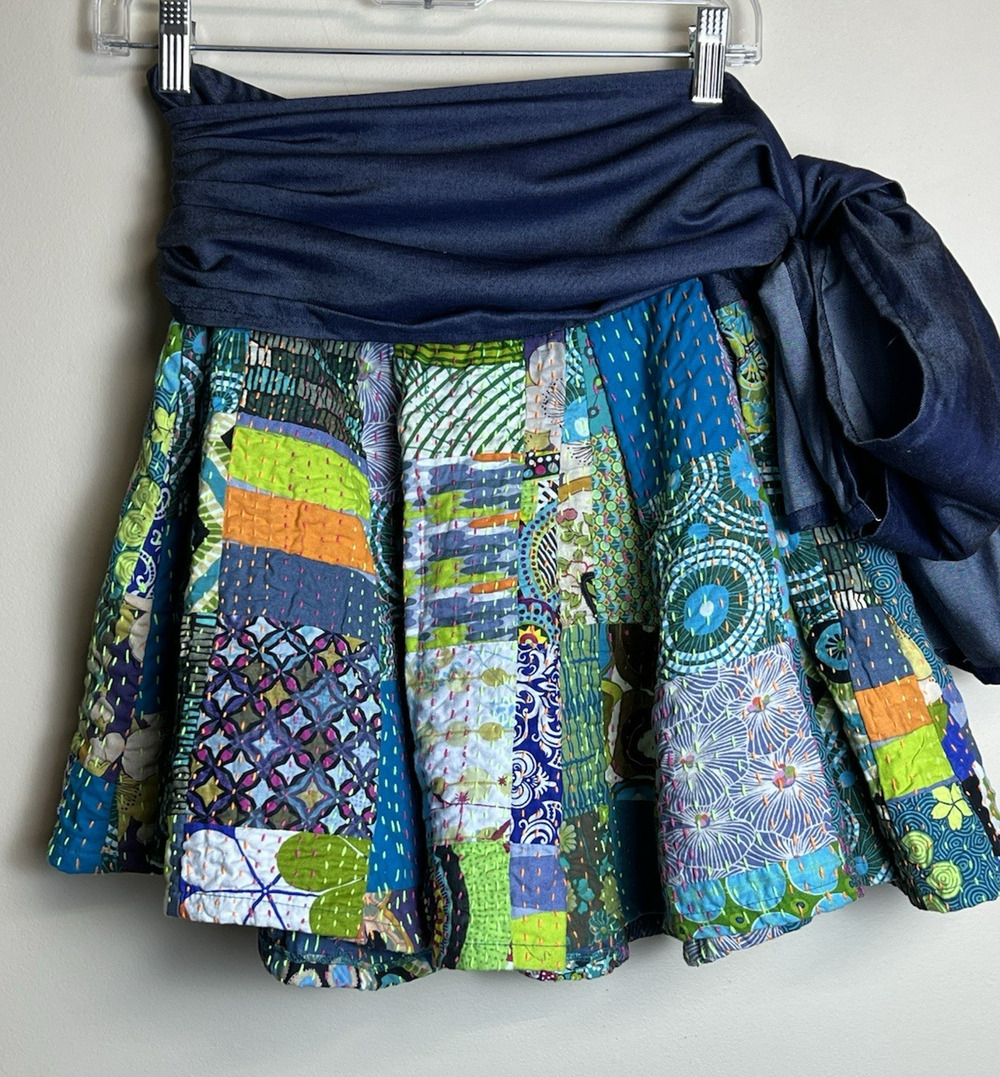 Boho Kantha Patchwork Skirt Size Large Above Knee Skirt Wrap Belt‎ Made in India